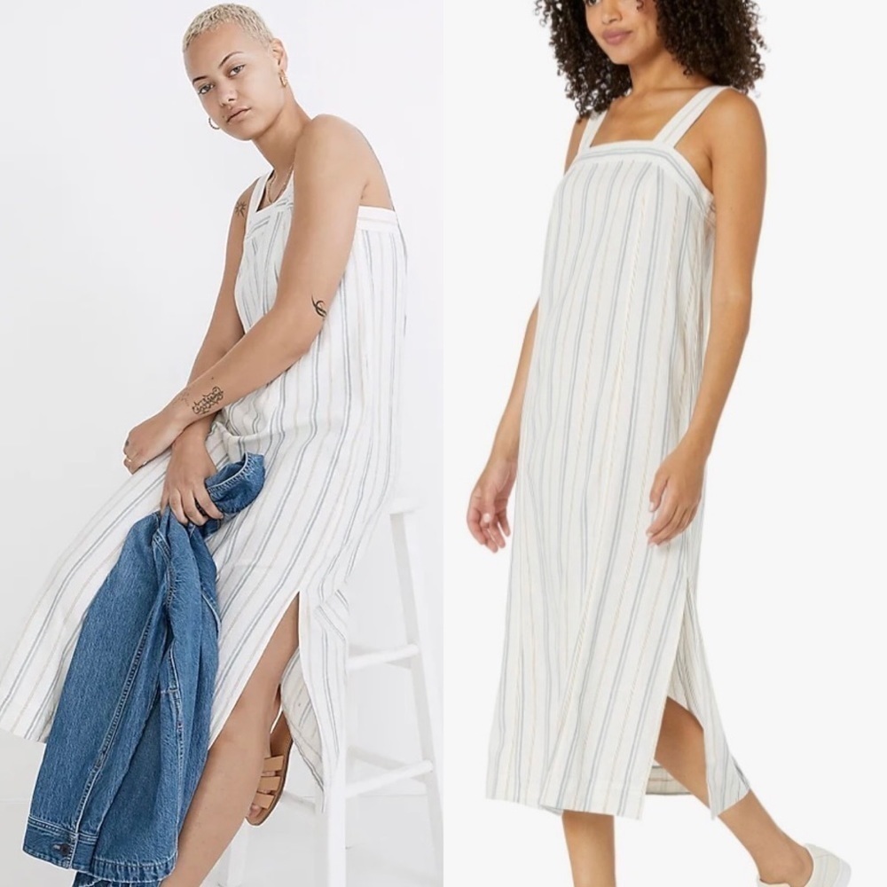 Madewell- Linen-Cotton Princess-Seamed Midi Dress in Stripe. Size S
